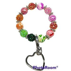 Beaded Keychain Wristlet Bracelet Key Ring Pink Green Orange Spring Vale…